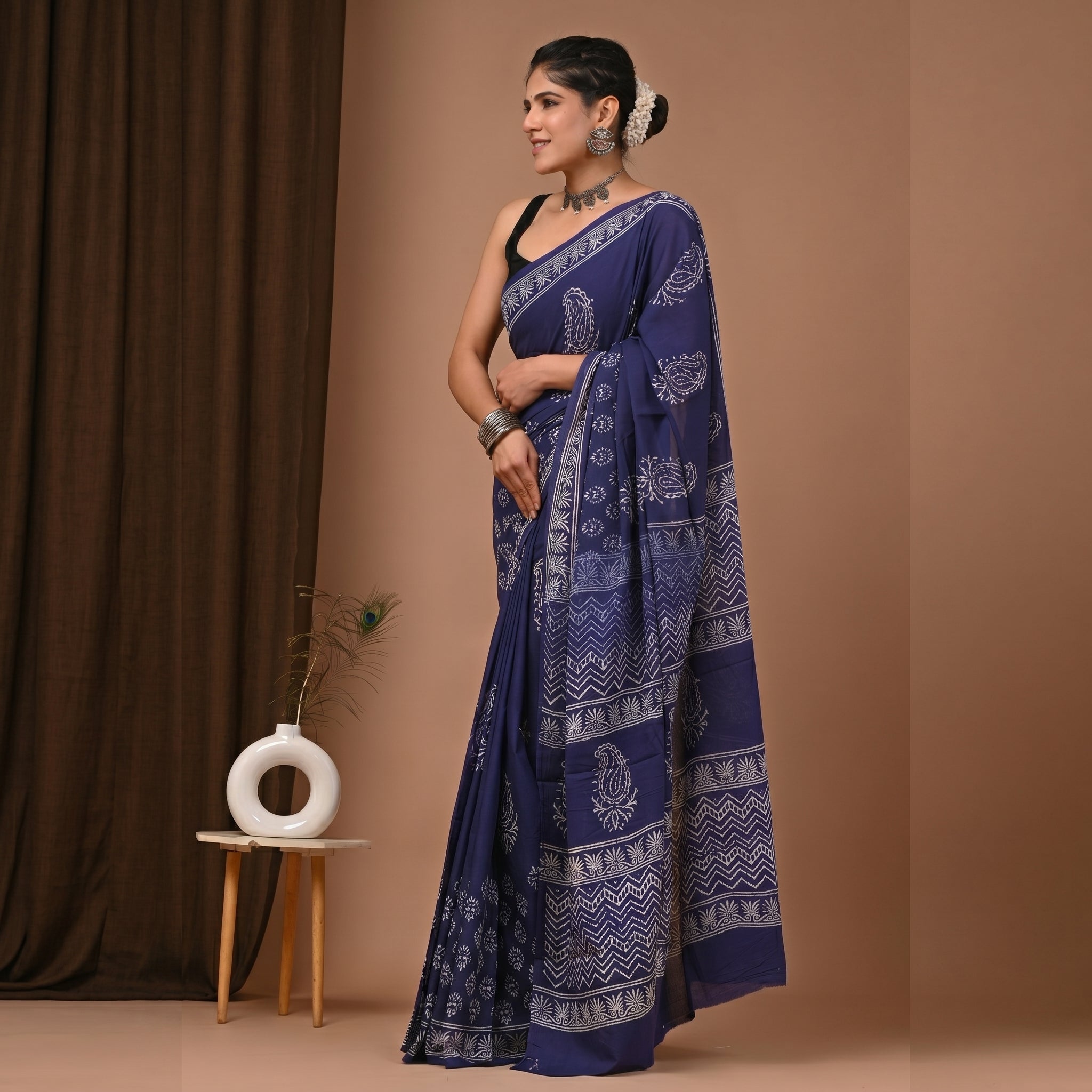 Hand Block Printed Cotton Mul Saree - Navy Blue Daisy Floral & Chevron Border