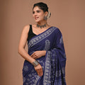 Hand Block Printed Cotton Mul Saree - Navy Blue Daisy Floral & Chevron Border