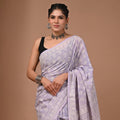 Hand Block Printed Cotton Mul Saree - Lavender Tone-on-Tone Floral & Sun Chakra