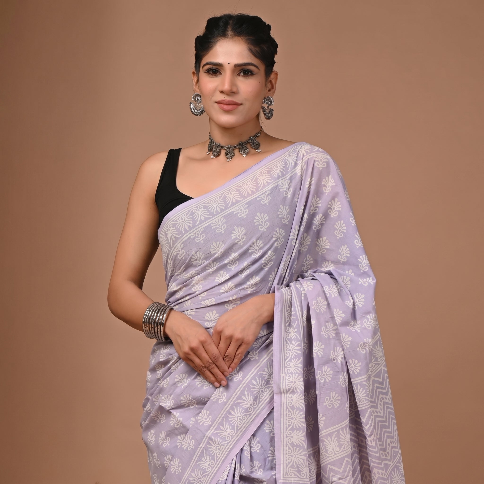 Hand Block Printed Cotton Mul Saree - Lavender Tone-on-Tone Floral & Sun Chakra