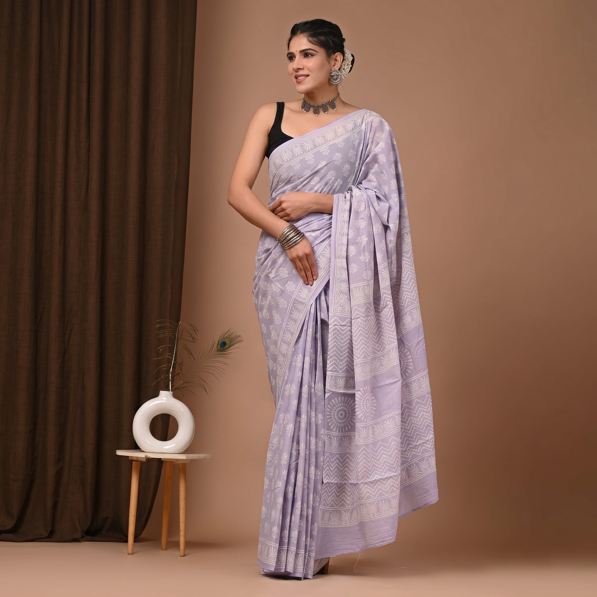 Hand Block Printed Cotton Mul Saree - Lavender Tone-on-Tone Floral & Sun Chakra
