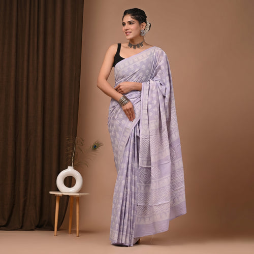 Hand Block Printed Cotton Mul Saree - Lavender Tone-on-Tone Floral & Sun Chakra