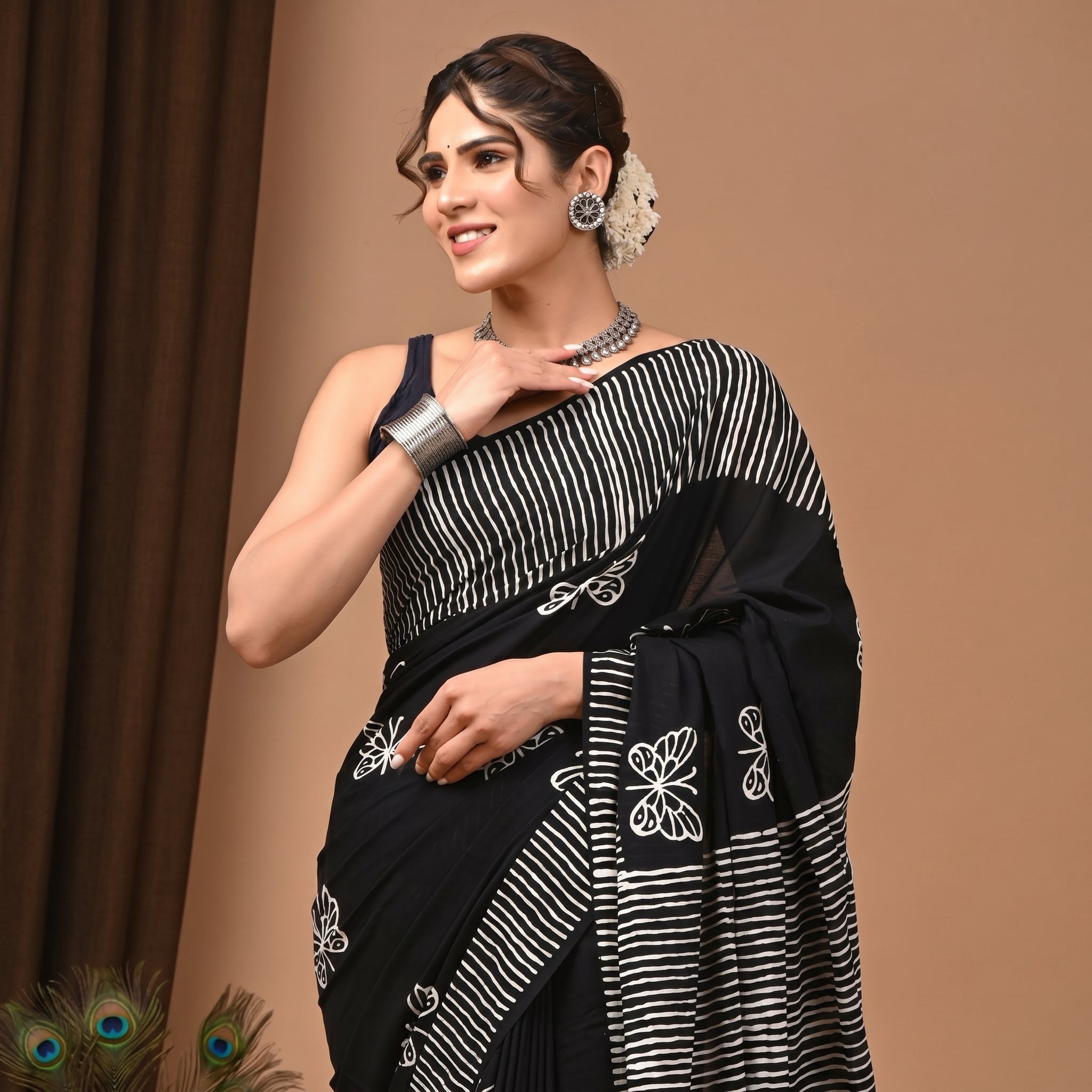 Hand Block Printed Cotton Mul Saree - Black Leheriya Stripe with Butterfly Buti