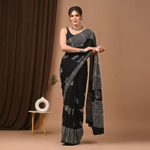 Hand Block Printed Cotton Mul Saree - Black Leheriya Stripe with Butterfly Buti