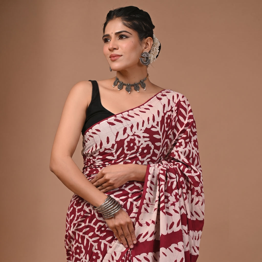 Hand Block Printed Cotton Mul Saree - Cream Maroon Stripe Floral Leaf