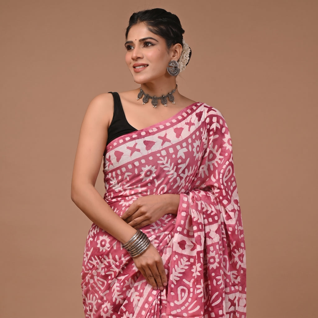 Hand Block Printed Cotton Mul Saree - Pink Magenta Batik Mixed Motif