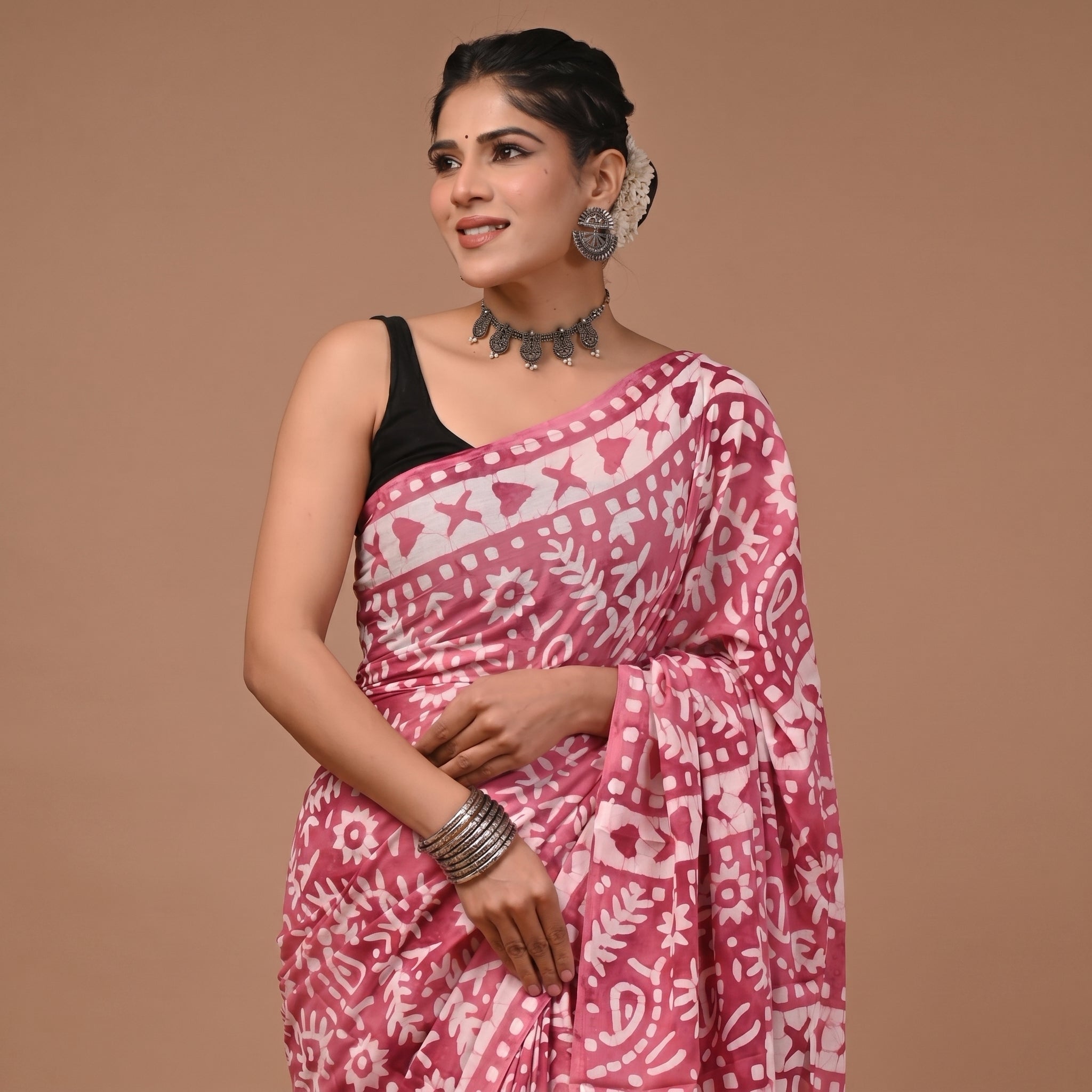 Hand Block Printed Cotton Mul Saree - Pink Magenta Batik Mixed Motif