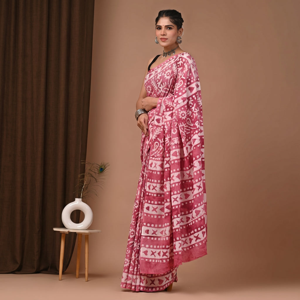 Hand Block Printed Cotton Mul Saree - Pink Magenta Batik Mixed Motif