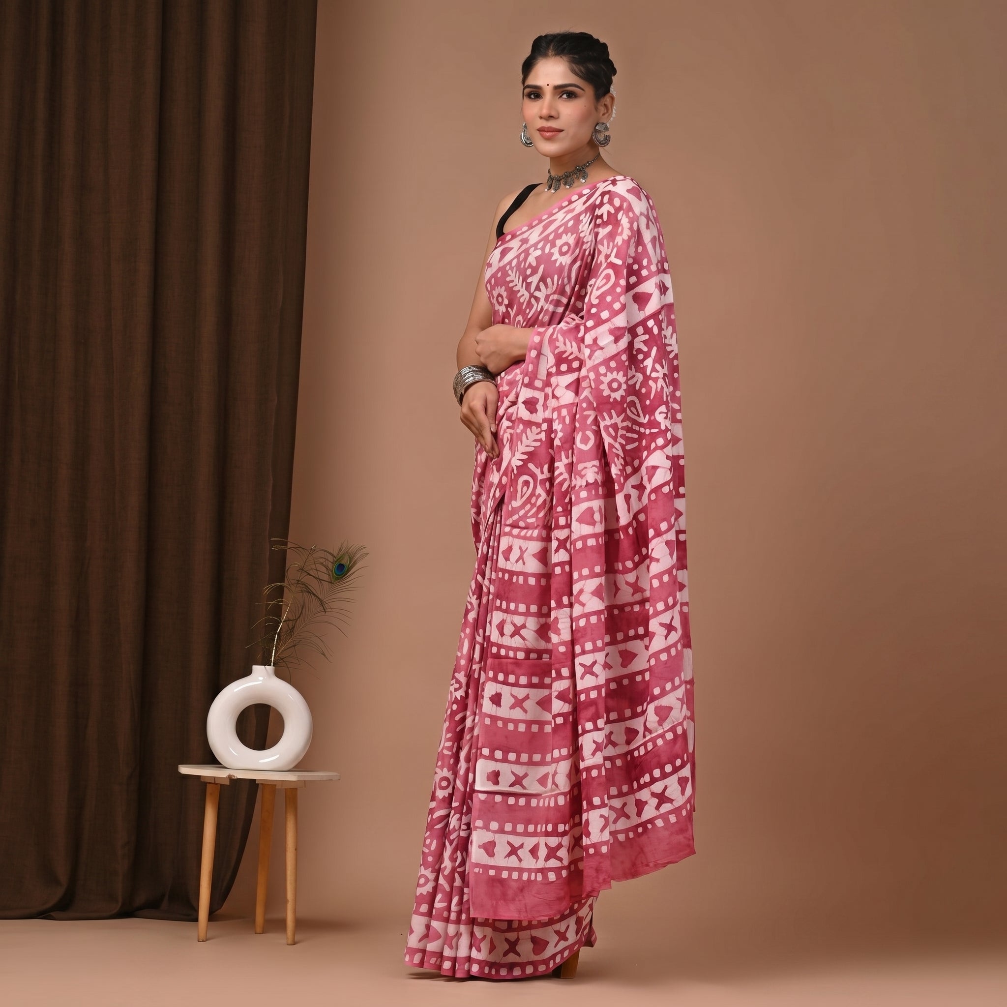Hand Block Printed Cotton Mul Saree - Pink Magenta Batik Mixed Motif