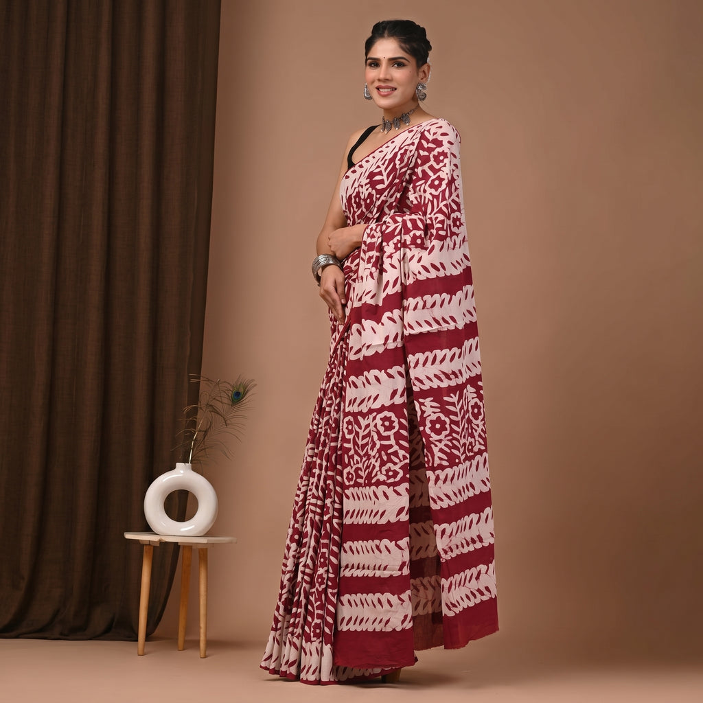Hand Block Printed Cotton Mul Saree - Cream Maroon Stripe Floral Leaf