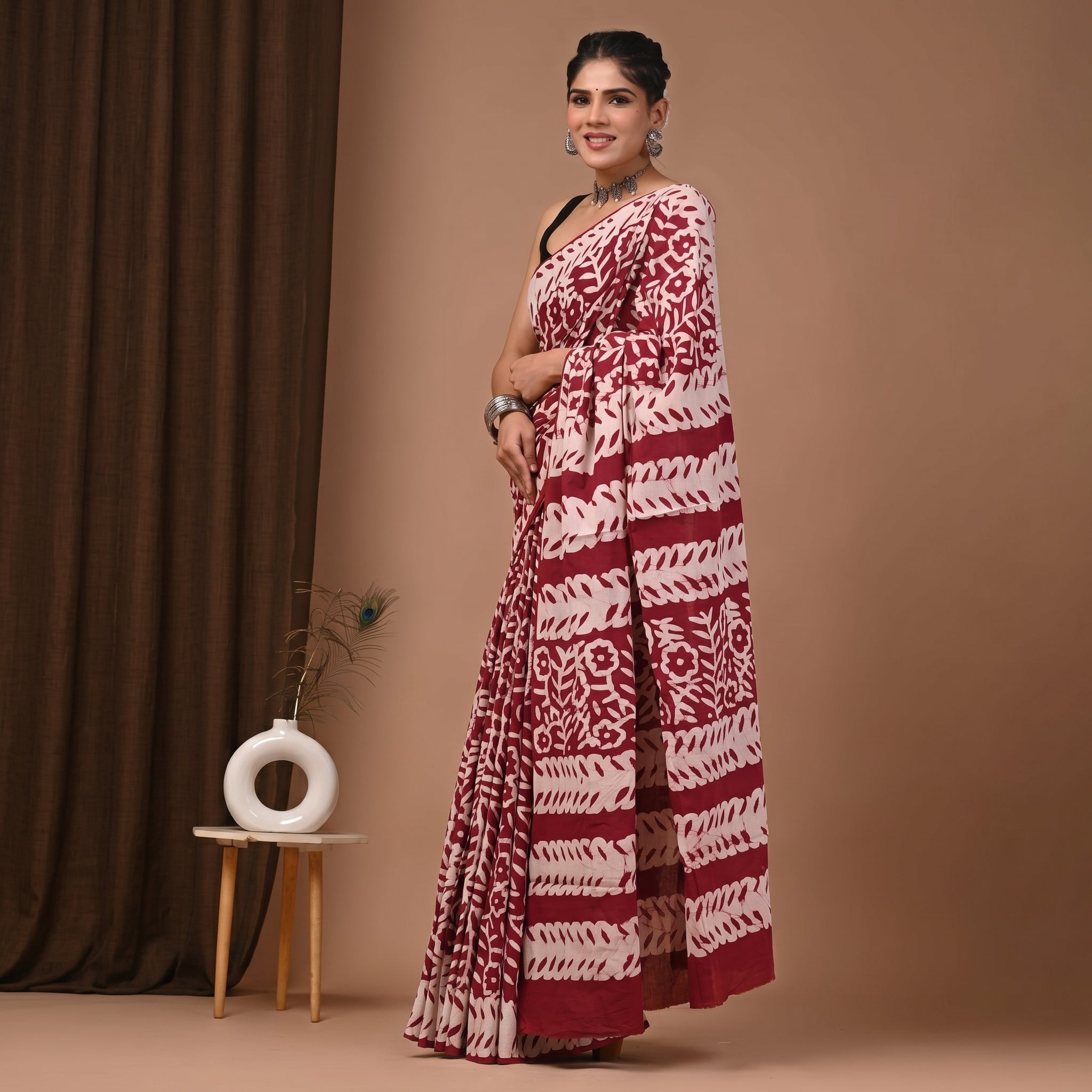 Hand Block Printed Cotton Mul Saree - Cream Maroon Stripe Floral Leaf