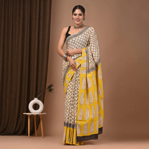 Hand Block Printed Cotton Mul Saree - Cream Ogee Jaal with Mustard Leaf Pallu