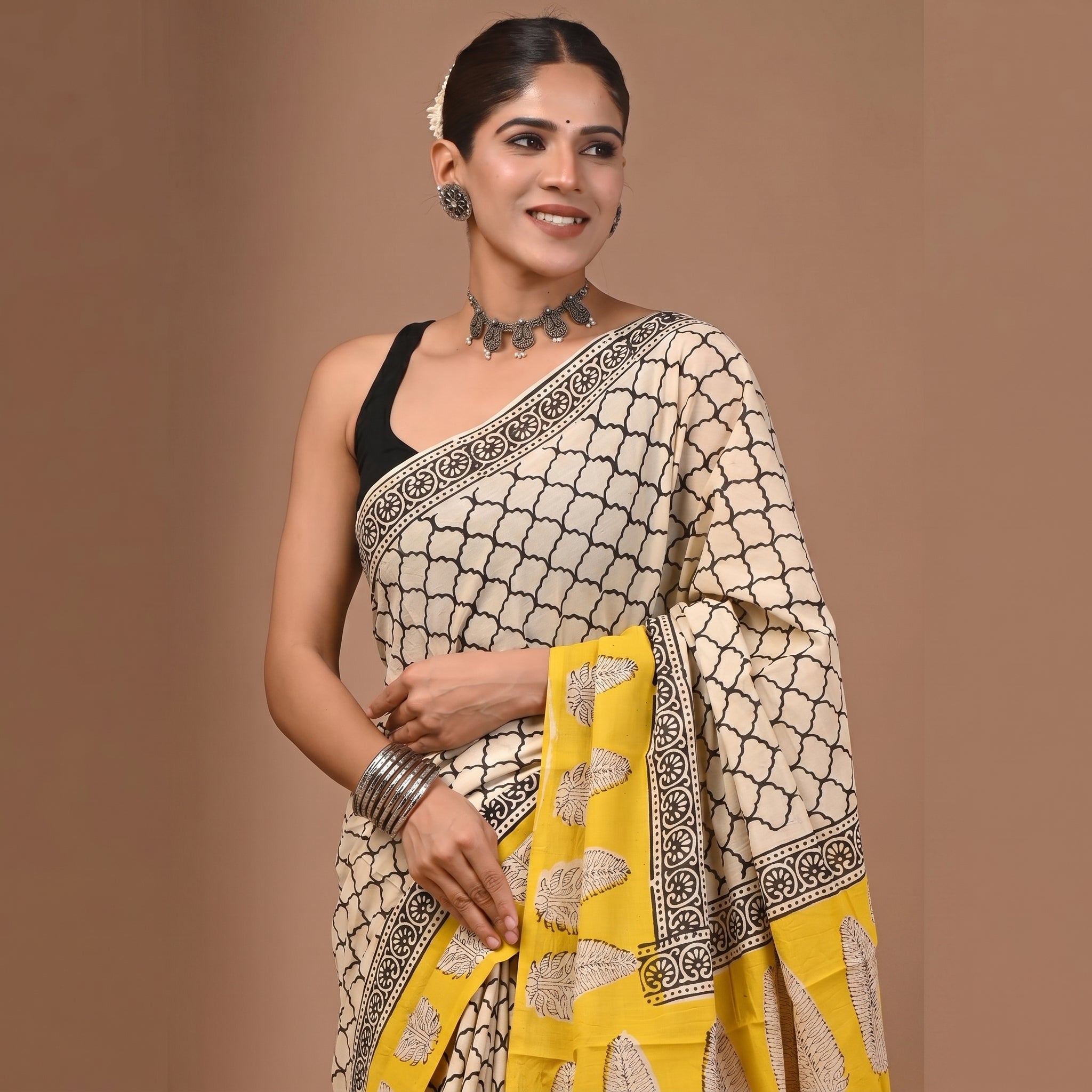 Hand Block Printed Cotton Mul Saree - Cream Ogee Jaal with Mustard Leaf Pallu