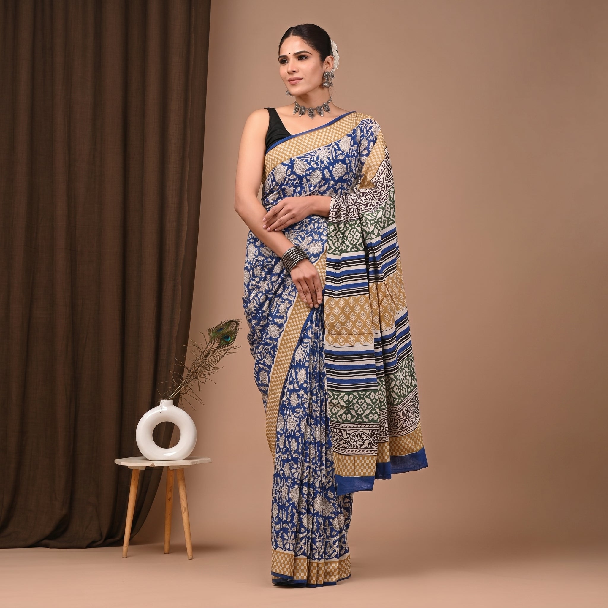 Hand Block Printed Cotton Mul Saree with Blouse