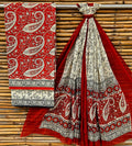 Unstitched Red Paisley Hand Block Printed Cotton Suit Set with Dupatta