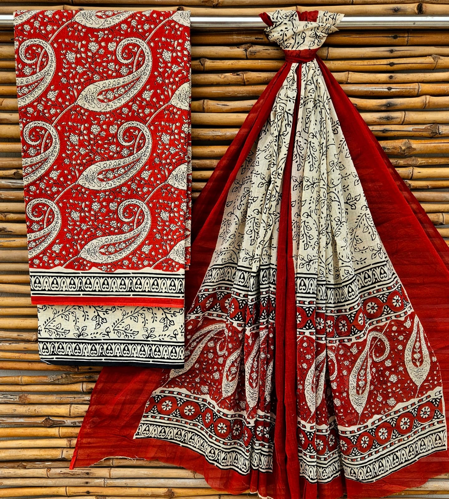 Unstitched Red Paisley Hand Block Printed Cotton Suit Set with Dupatta