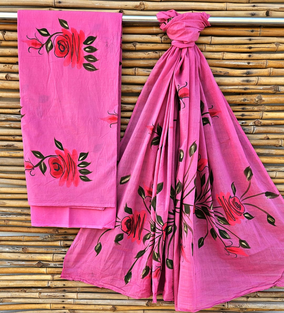 Unstitched Pink Floral Hand Block Printed Cotton Suit Set with Dupatta