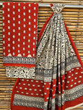 Unstitched Red & Beige Hand Block Printed Cotton Suit Set – Floral Ethnic Design