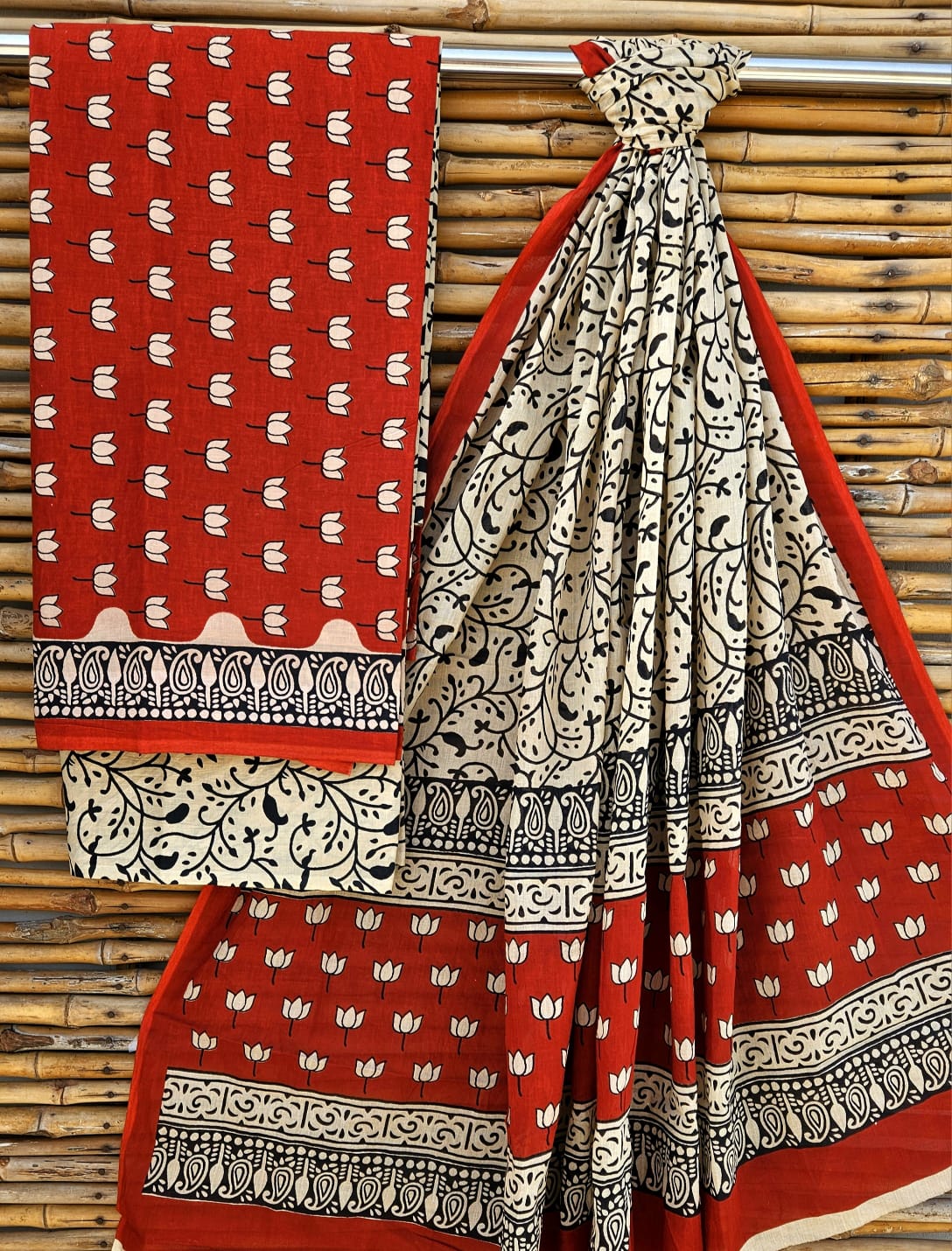 Unstitched Red & Beige Hand Block Printed Cotton Suit Set – Floral Ethnic Design