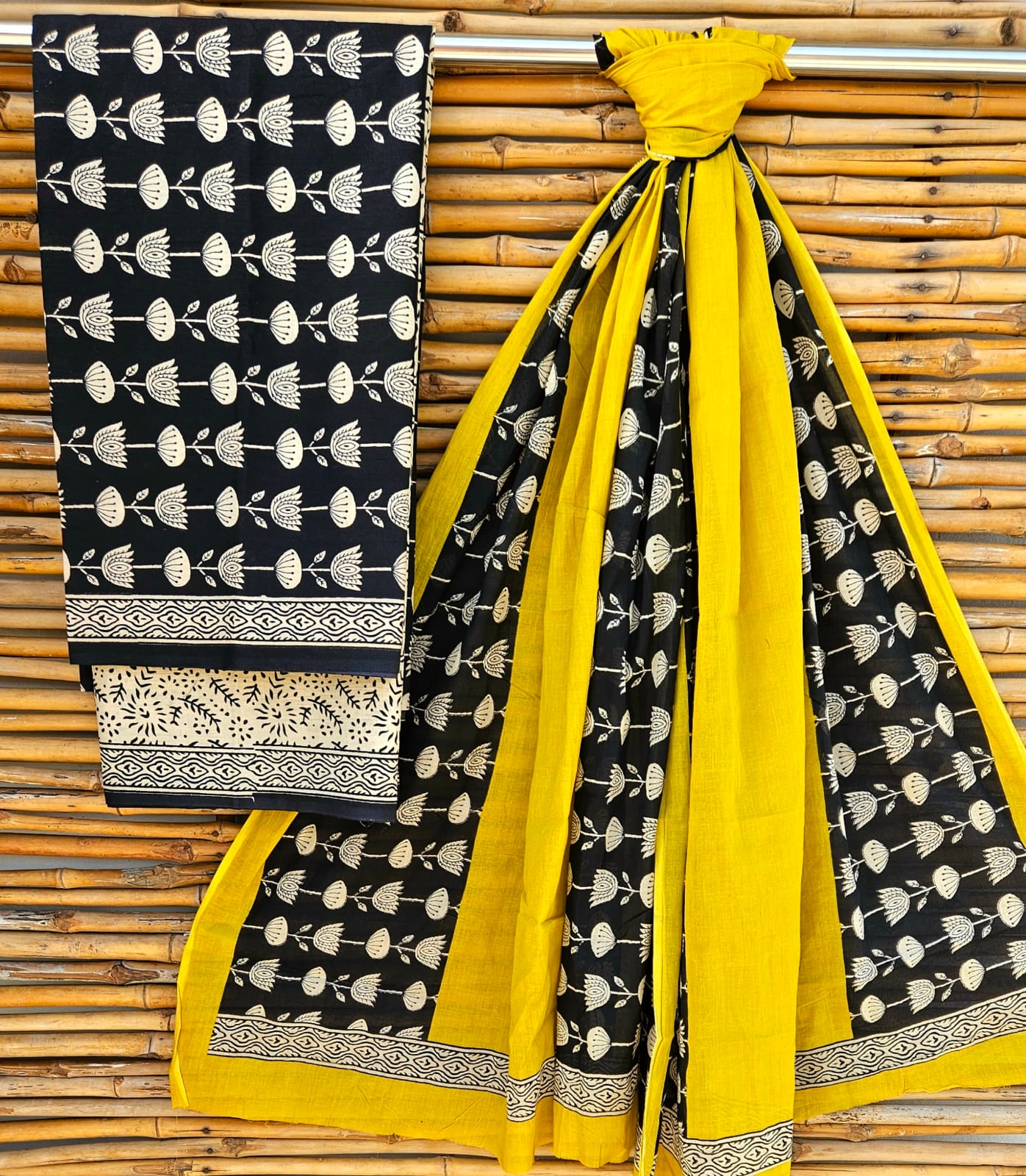 Unstitched Black & Yellow Hand Block Printed Cotton Suit Set with Dupatta  Description: