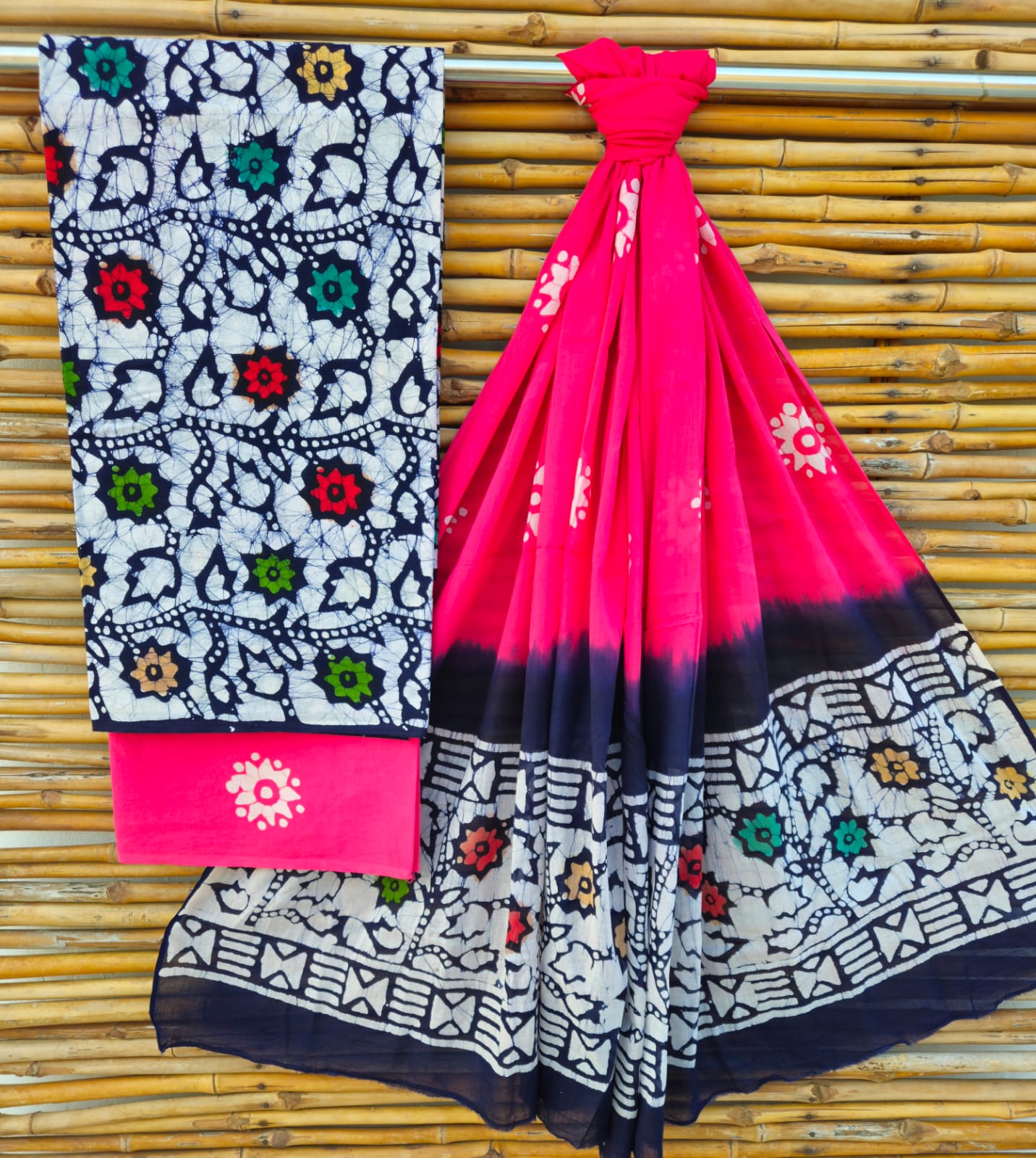Unstitched Pink & Indigo Hand Block Printed Cotton Suit Set – Artistic Floral Design