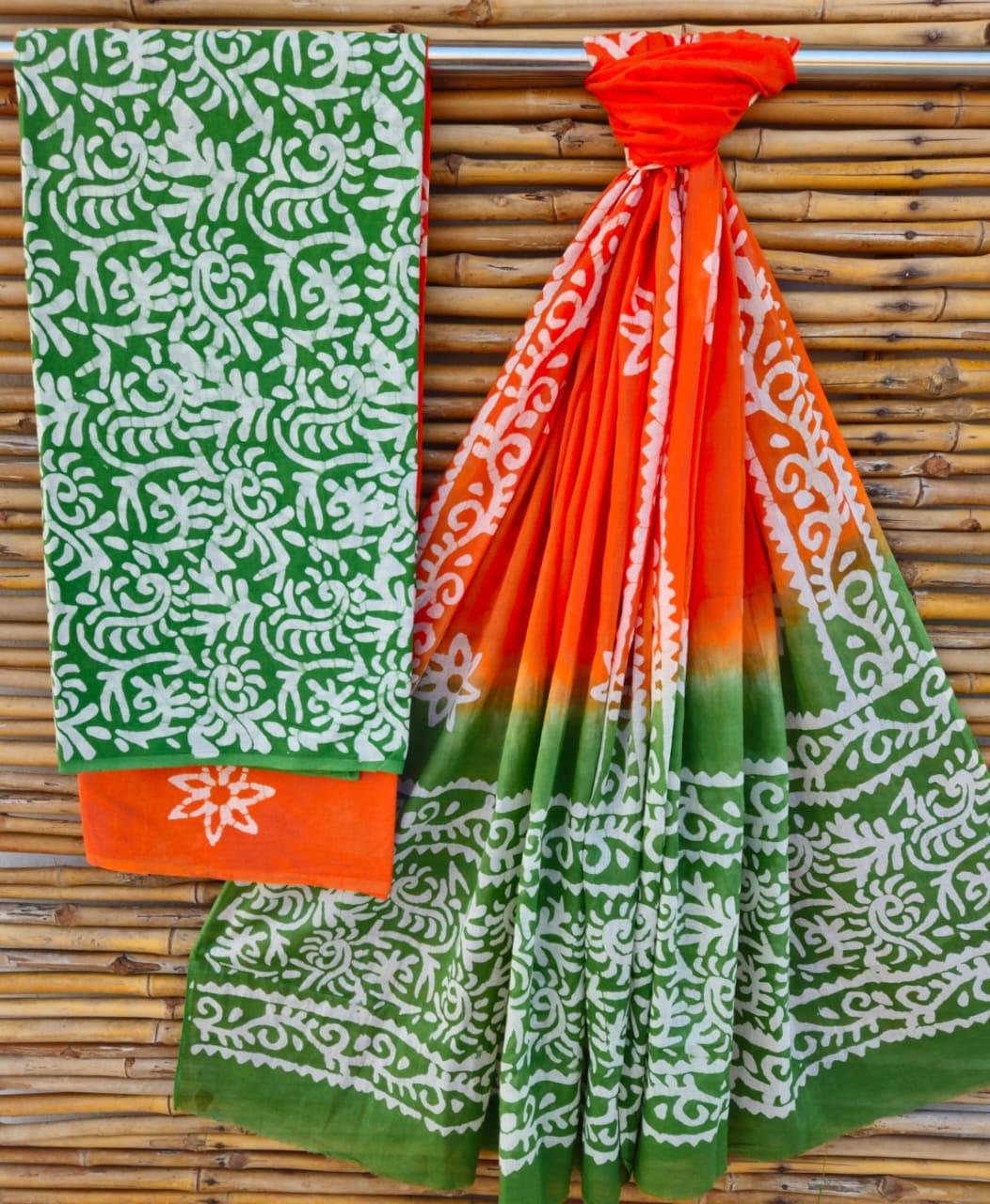 Unstitched Green & Orange Hand Block Printed Cotton Suit Set – Ethnic Contrast Design