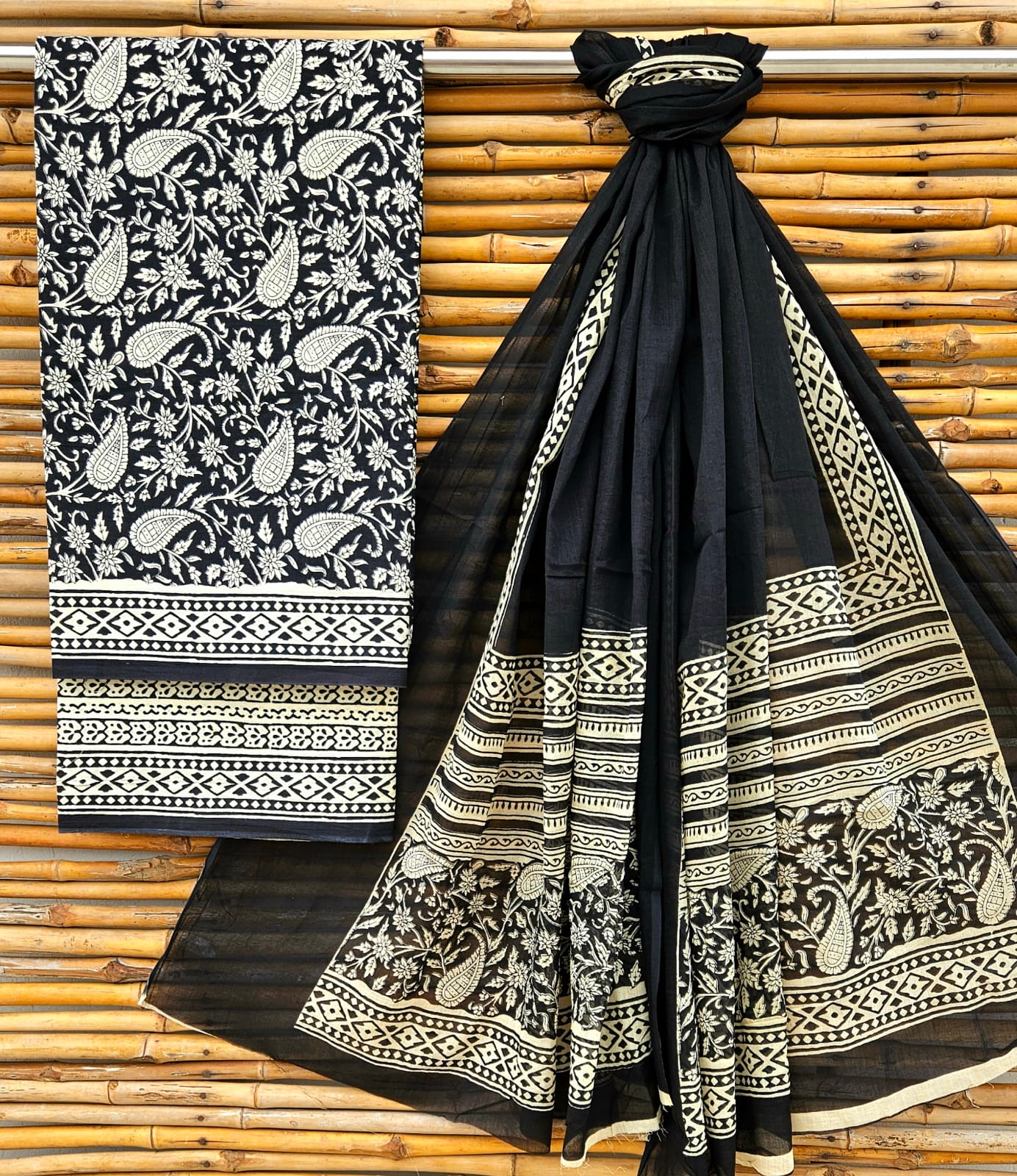 Unstitched Black Paisley Hand Block Printed Cotton Suit Set with Dupatta
