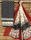 Unstitched Black & Beige Hand Block Printed Cotton Suit Set with Dupatta