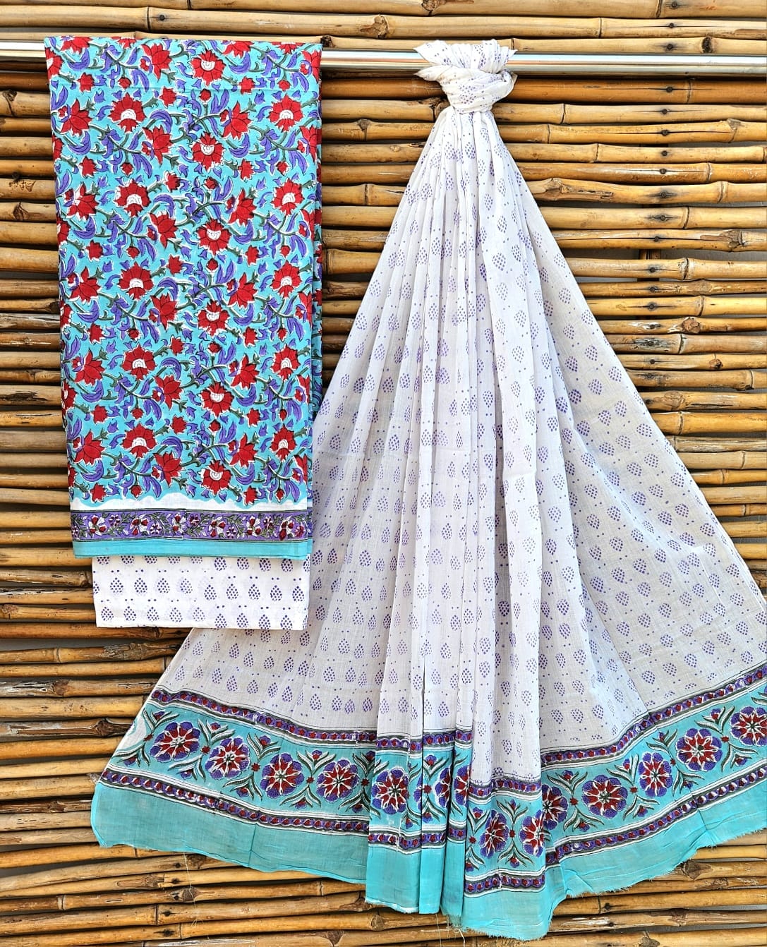 Unstitched Sky Blue Hand Block Printed Cotton Suit Set – Floral Ethnic Design