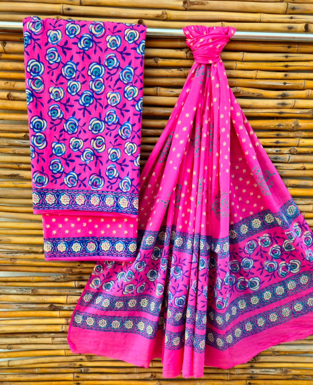Unstitched Bright Pink Hand Block Printed Cotton Suit Set – Floral Ethnic Design