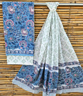 Unstitched Blue & Mint Hand Block Printed Cotton Suit Set – Elegant Floral Design