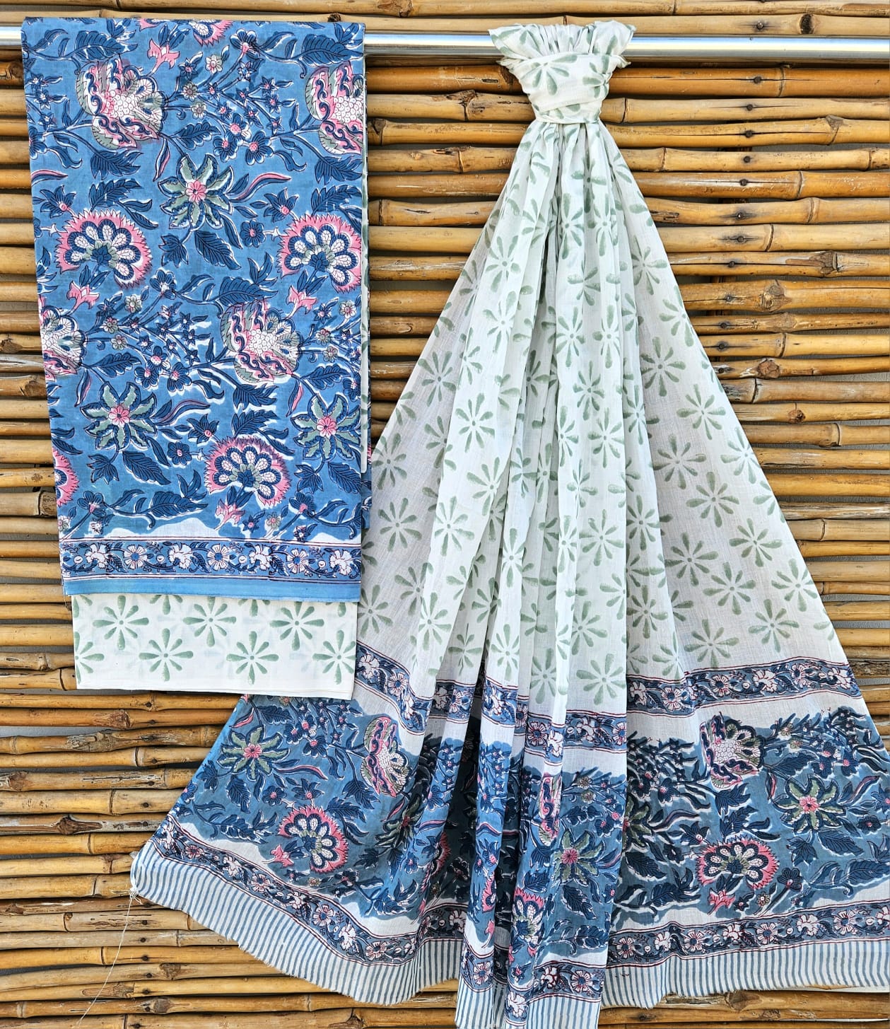 Unstitched Blue & Mint Hand Block Printed Cotton Suit Set – Elegant Floral Design