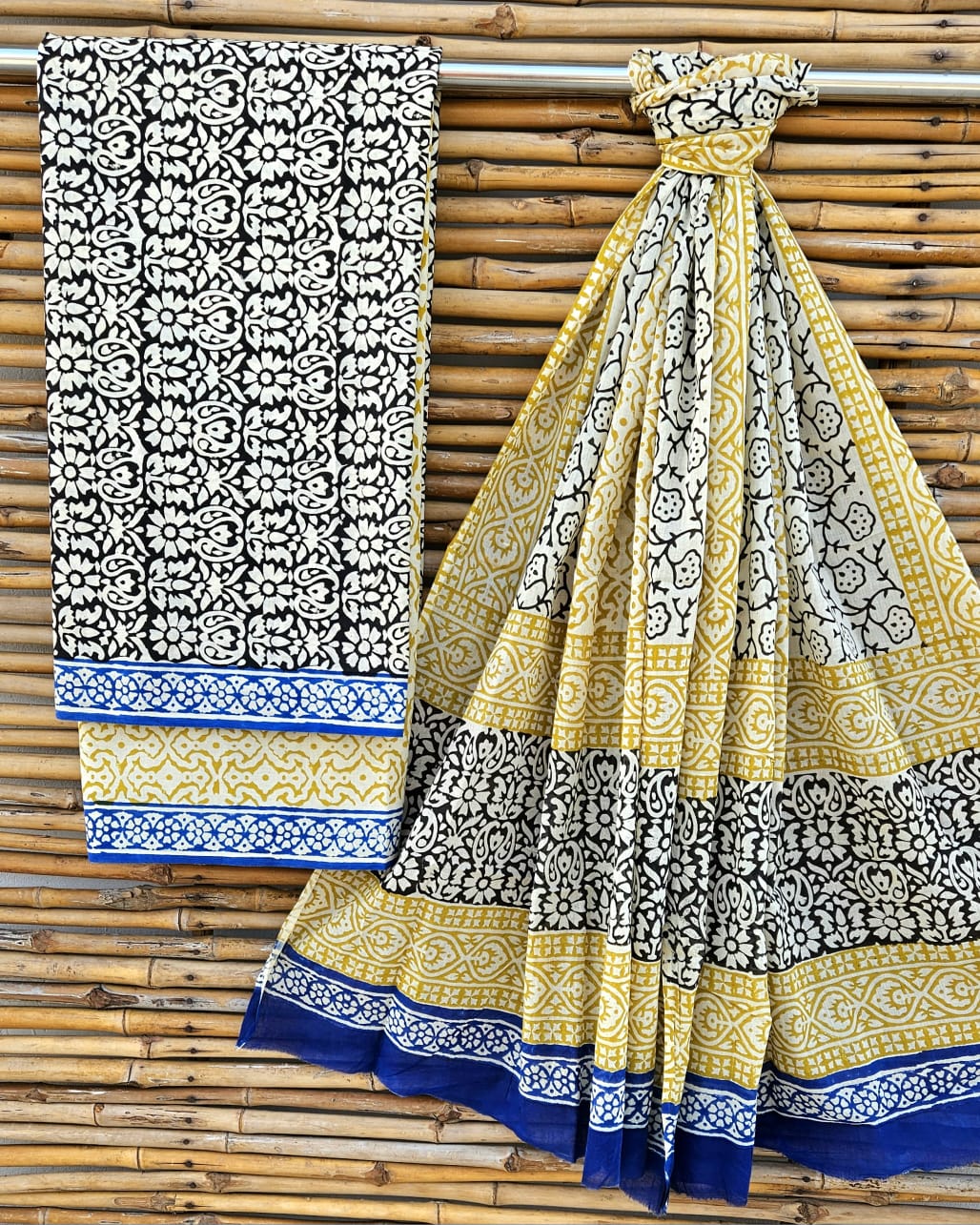 Unstitched Mustard & Black Hand Block Printed Cotton Suit Set with Dupatta