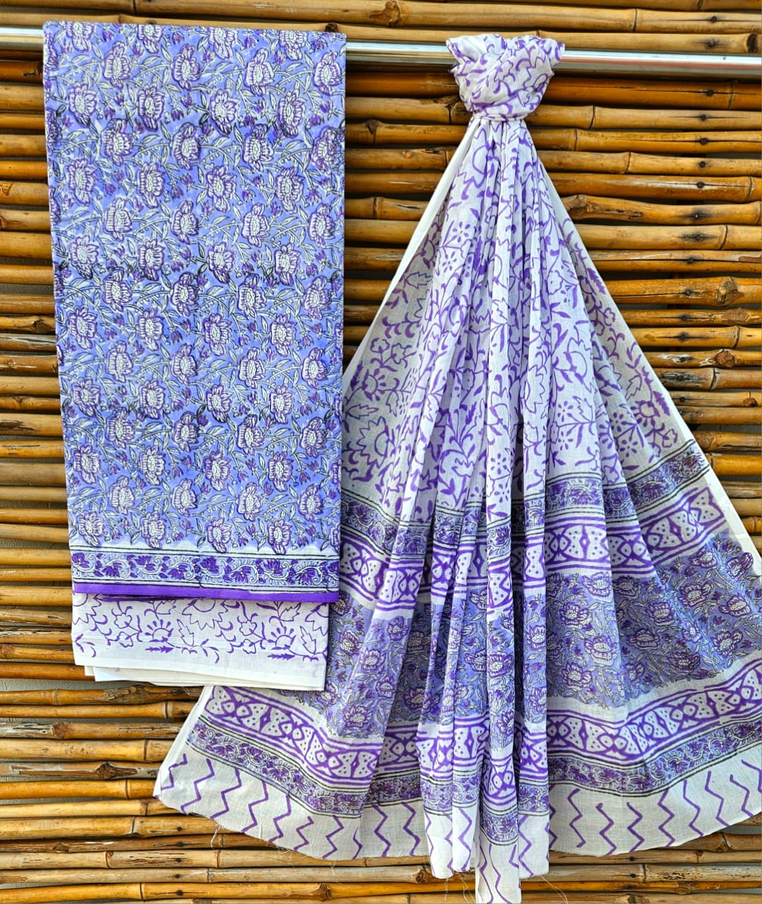Unstitched Lavender Hand Block Printed Cotton Suit Set – Traditional Floral Design