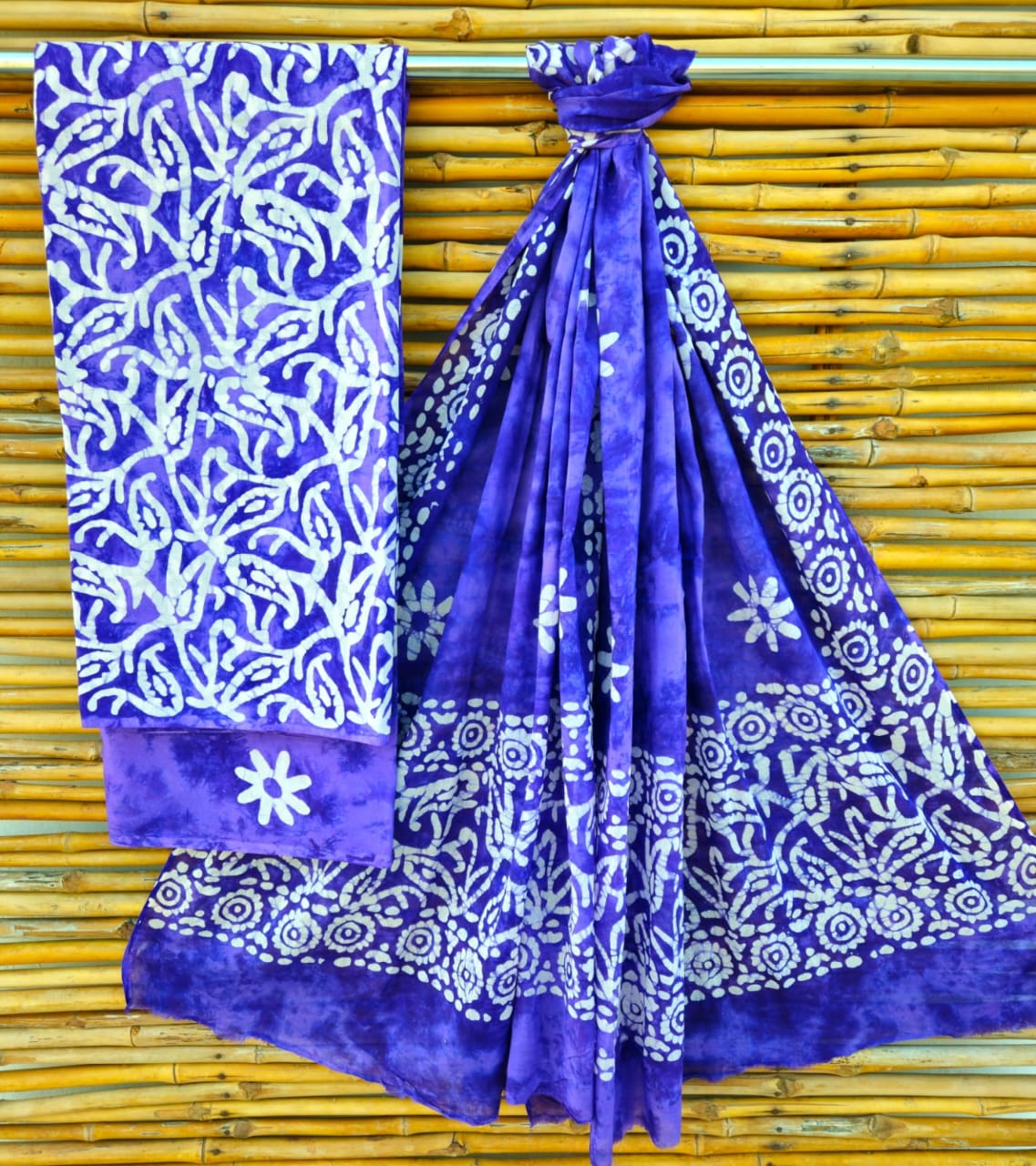Unstitched Purple Hand Block Printed Cotton Suit Set with Dupatta