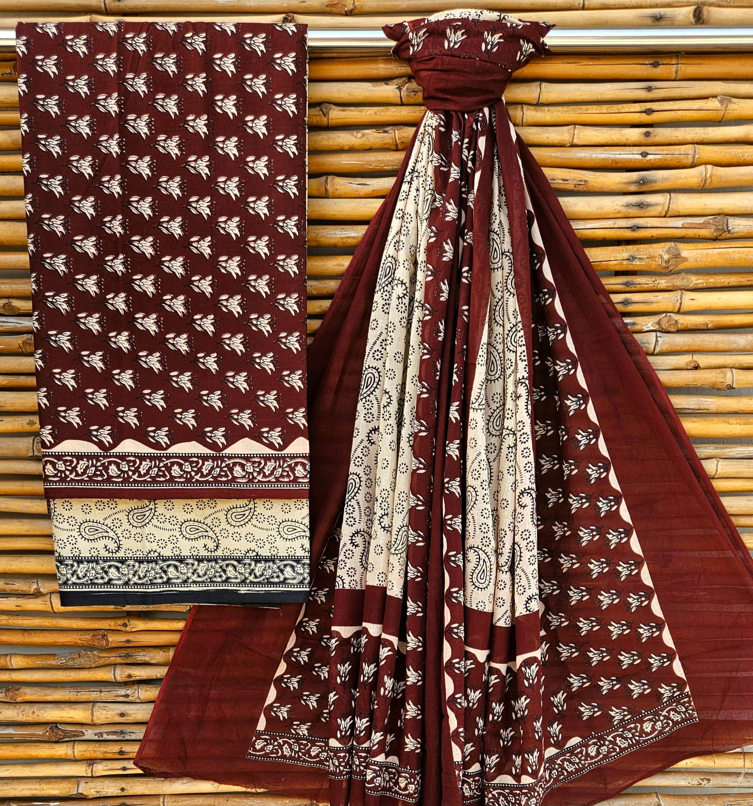 Unstitched Maroon Hand Block Printed Cotton Suit Set – Traditional Ethnic Design