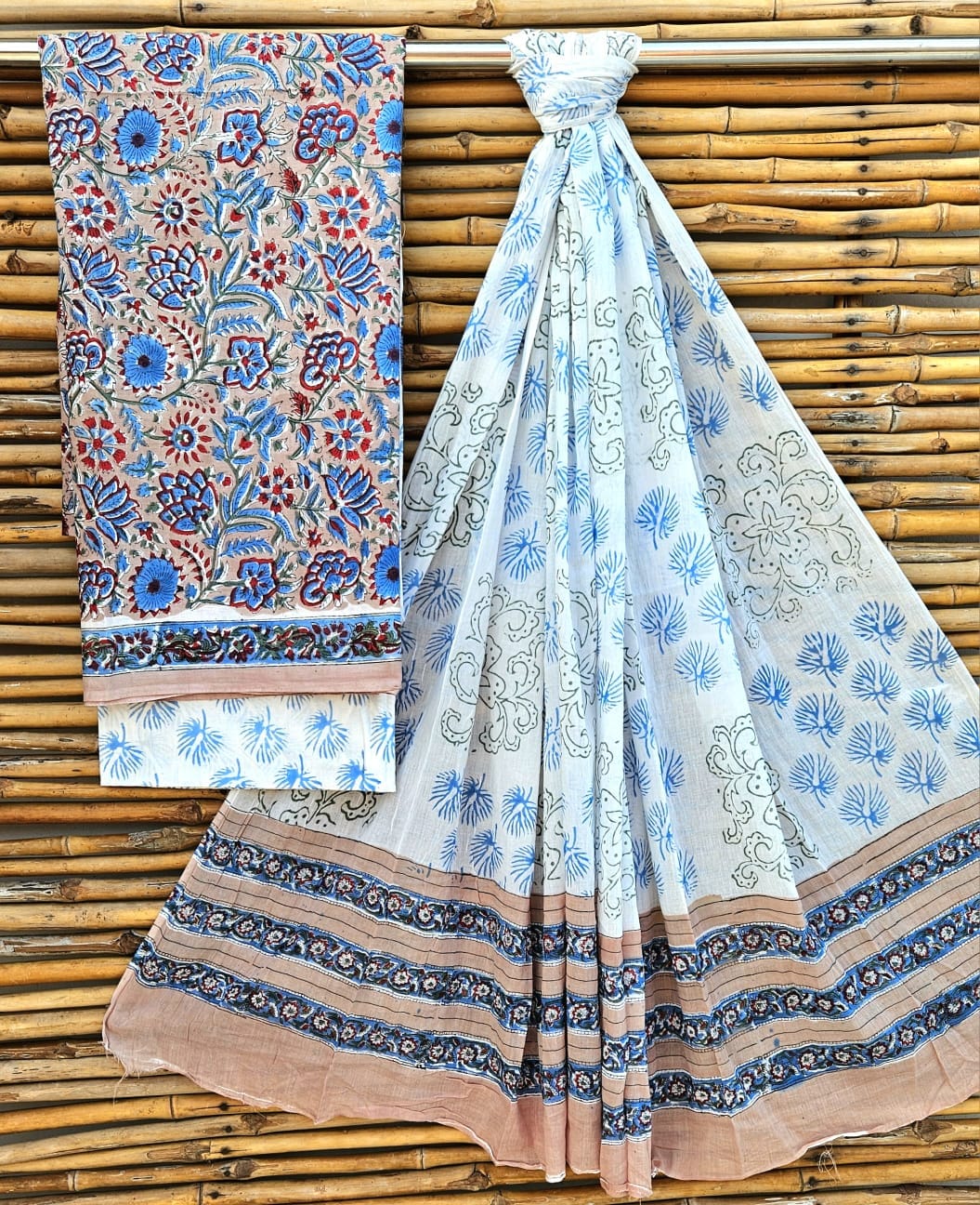 Unstitched Off White & Blue Hand Block Printed Cotton Suit Set – Elegant Ethnic Design