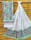Unstitched Mint Green Hand Block Printed Cotton Suit Set – Floral Ethnic Design