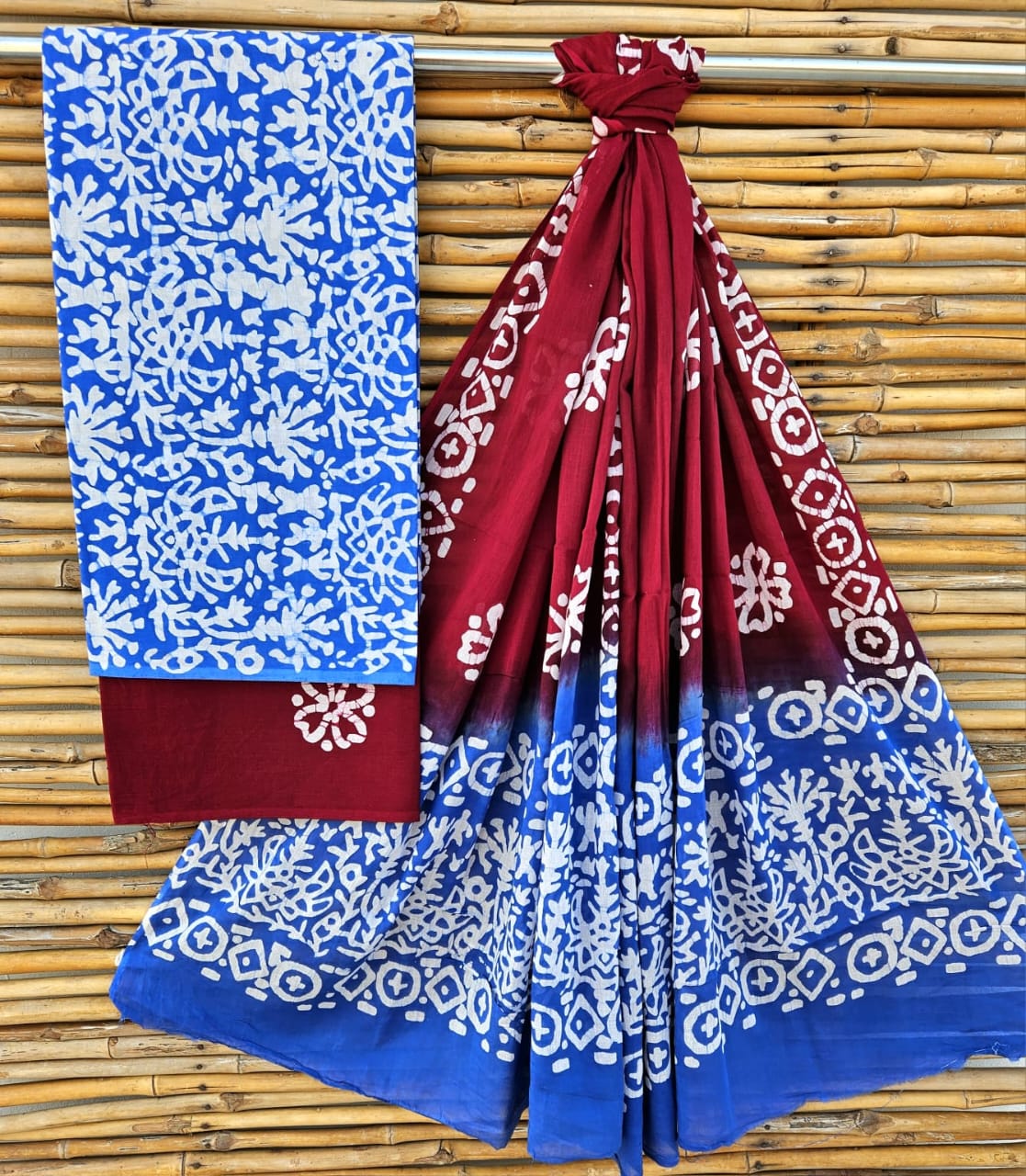 Unstitched Blue & Maroon Hand Block Printed Cotton Suit Set – Contrast Ethnic Design