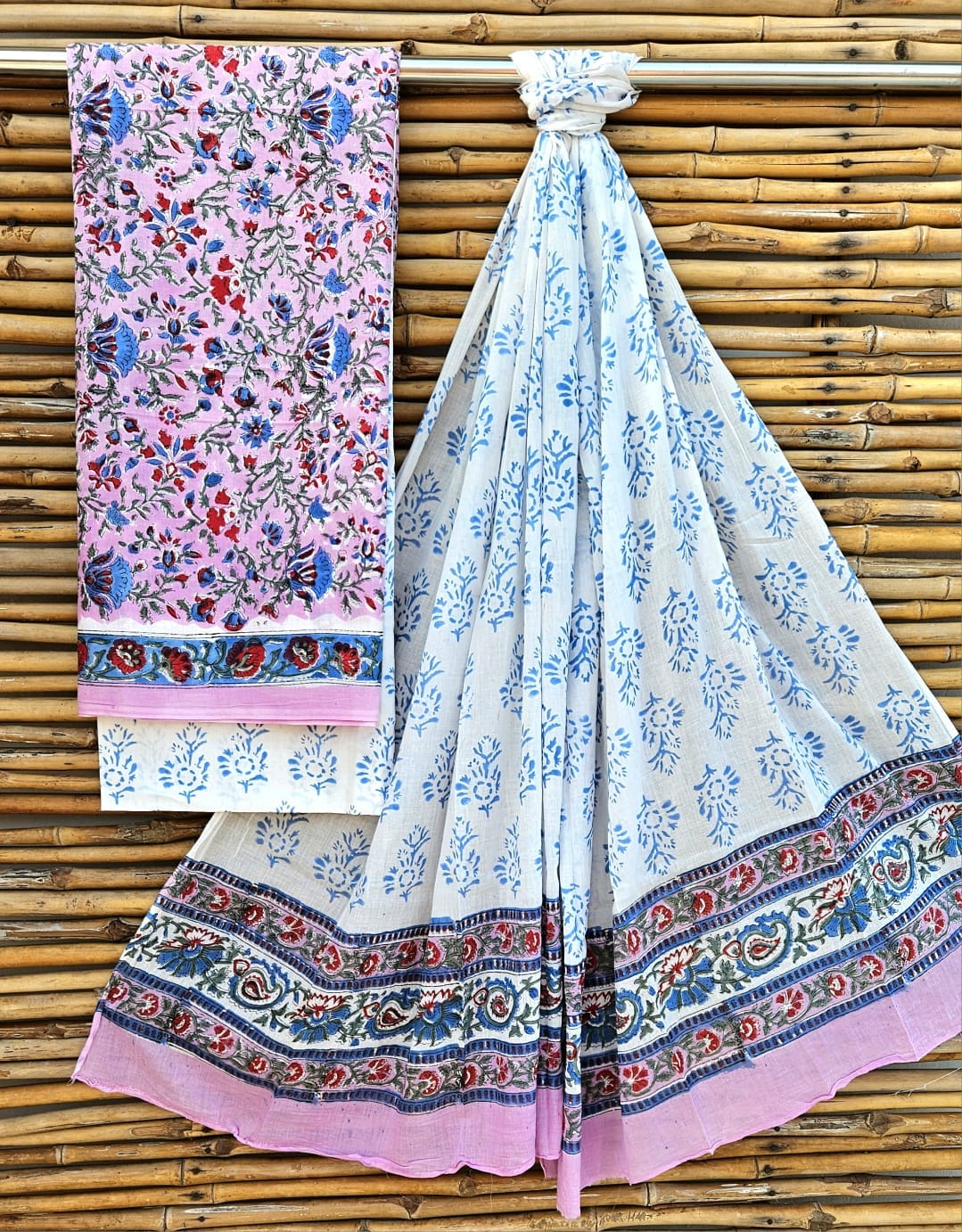 Unstitched Pink & Blue Hand Block Printed Cotton Suit Set – Floral Ethnic Wear