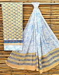 Unstitched Off White & Blue Hand Block Printed Cotton Suit Set – Soft Ethnic Wear