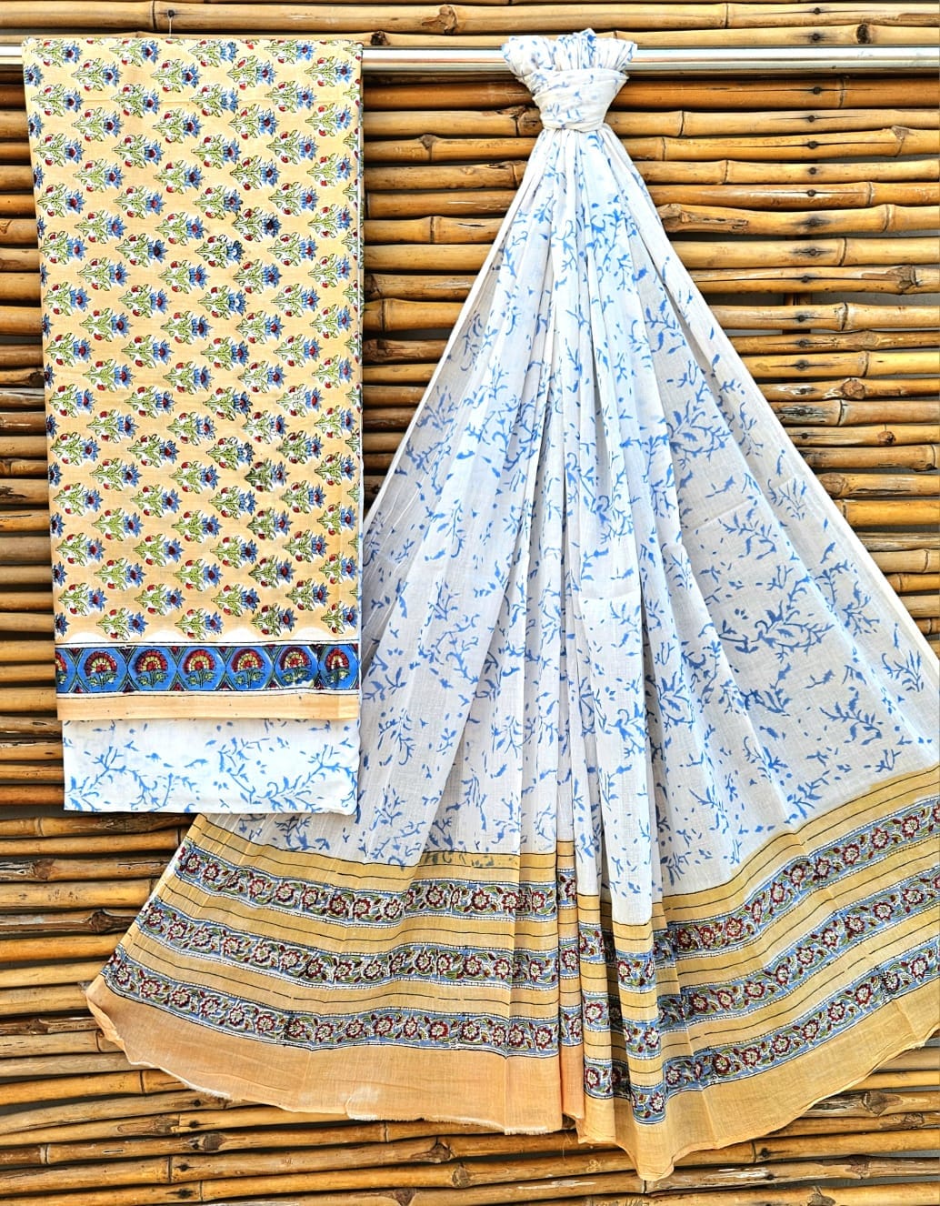 Unstitched Off White & Blue Hand Block Printed Cotton Suit Set – Soft Ethnic Wear