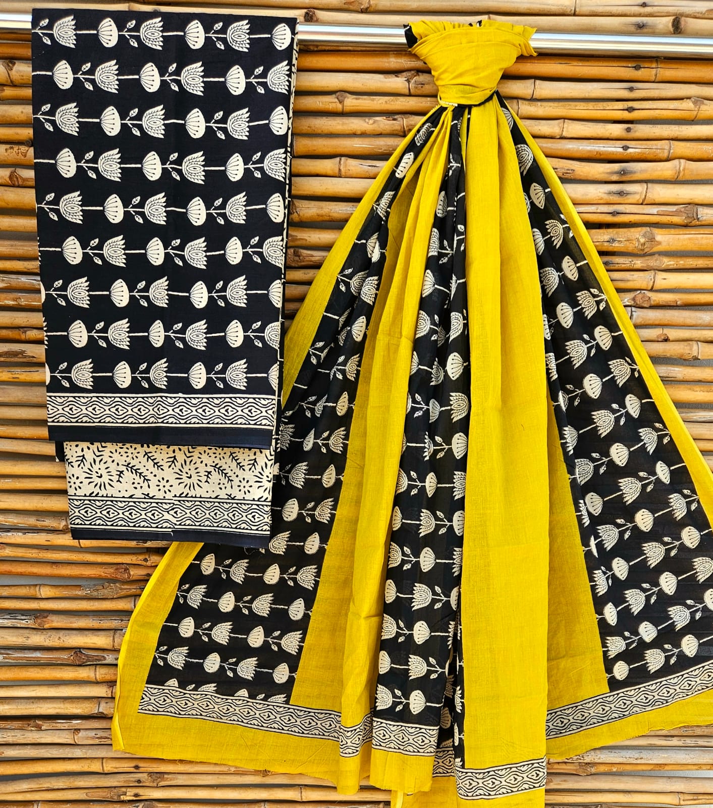 Unstitched Black & Mustard Hand Block Printed Cotton Suit Set – Bold Ethnic Design
