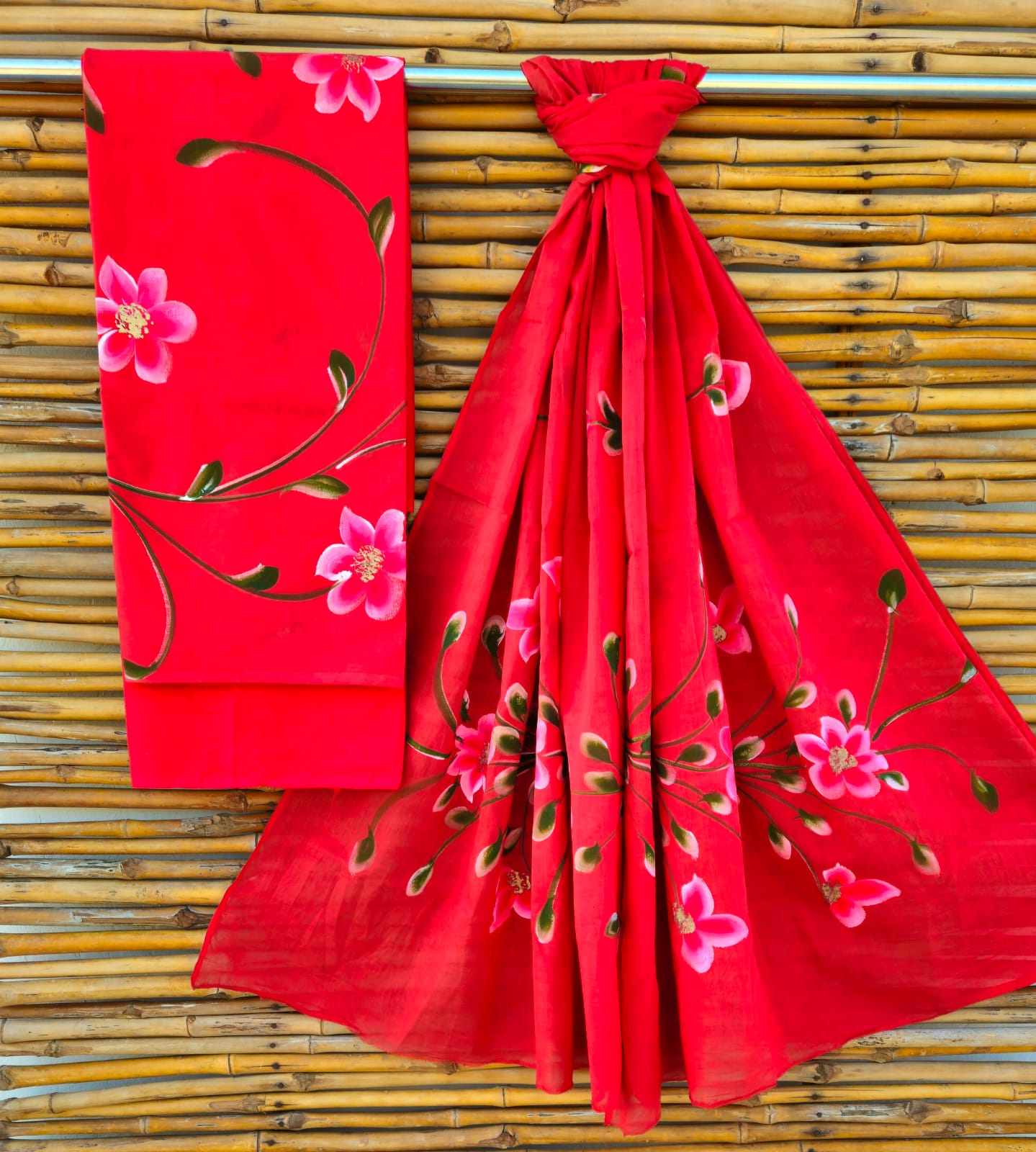 Unstitched Red Floral Cotton Suit Set – Elegant Printed Ethnic Wear
