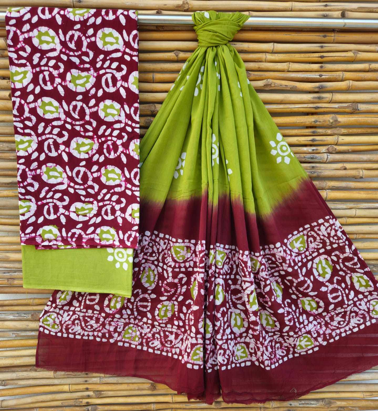 Unstitched Green & Maroon Hand Block Printed Cotton Suit Set – Traditional Ethnic Wear