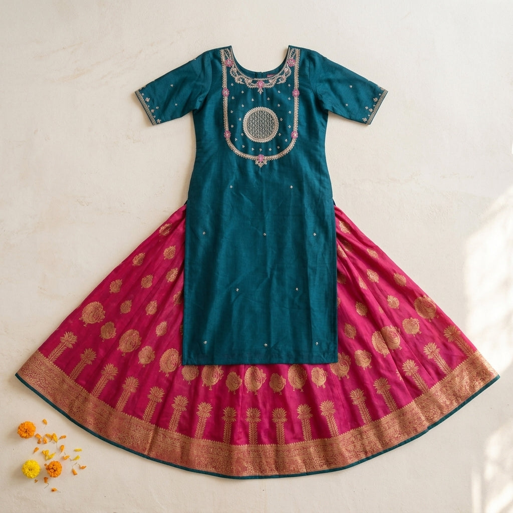 Teal Cotton Kurti Lehenga Set