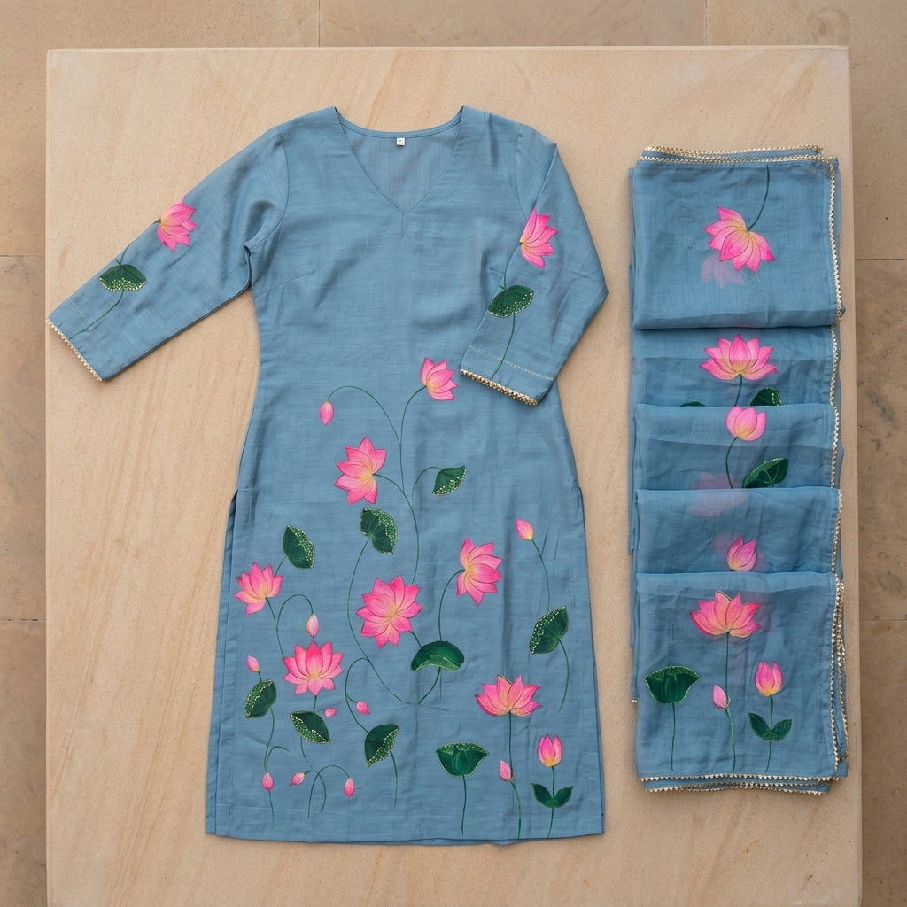 Blue Floral Cotton Suit Set