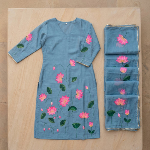 Blue Floral Cotton Suit Set
