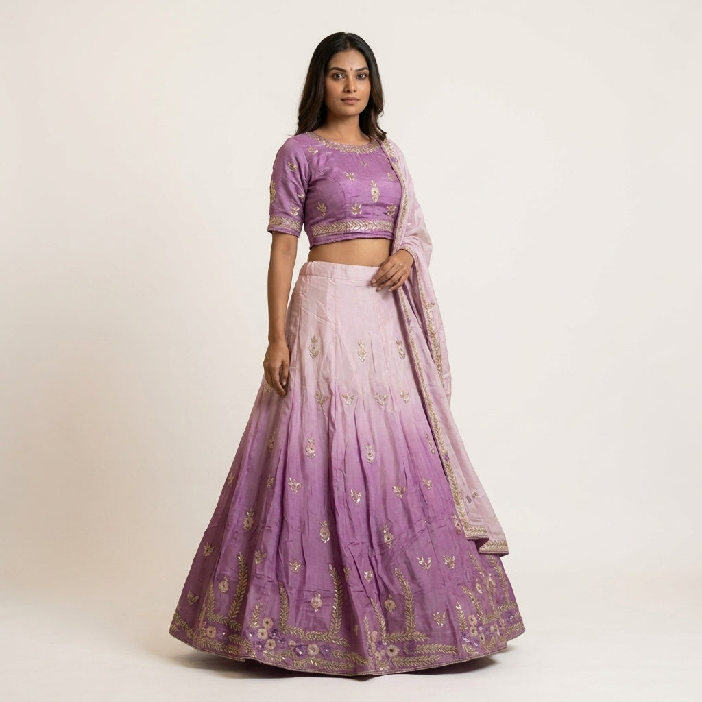Lavender Ombre Embroidered Semi-Stitched Lehenga Set