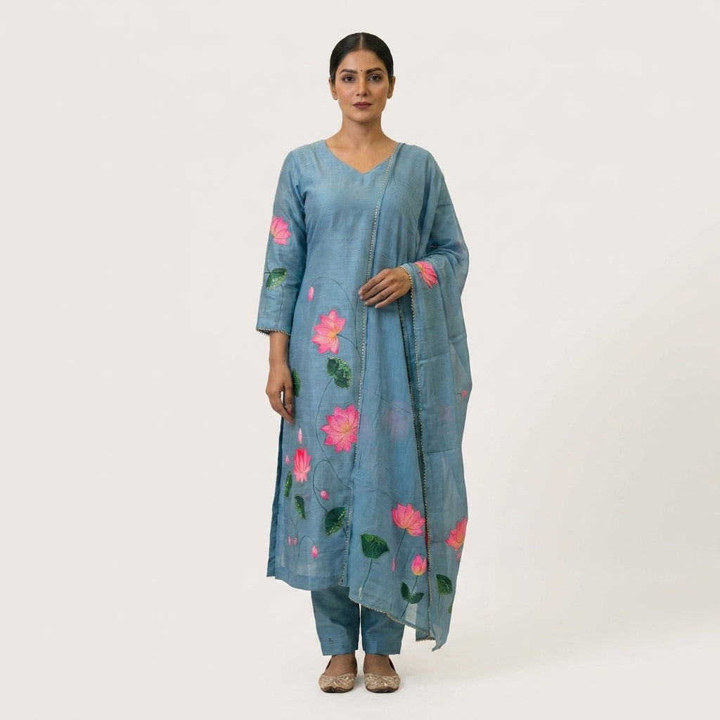 Blue Floral Cotton Suit Set